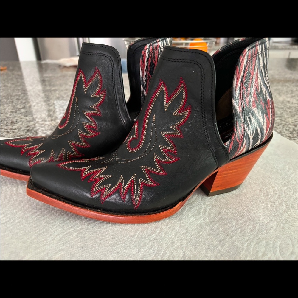 Black and Red Cowboy Ankle Boots with Flame Design